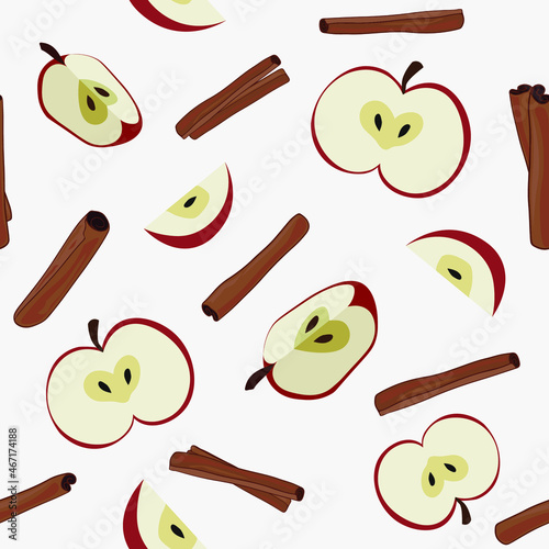 Apples and cinnamon sticks seamless pattern, Christmas repeat pattern, apple pie ingredients scattered on a white background