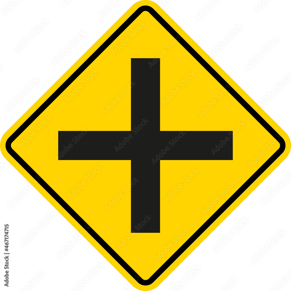 Cross road intersection sign. Yellow diamond background. Traffic signs and symbols. Cross road intersection sign. Yellow diamond background. Traffic signs and symbols.