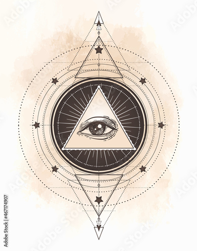Tattoo flash. Eye of Providence. Masonic symbol. All seeing eye inside triang...