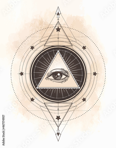 Tattoo flash. Eye of Providence. Masonic symbol. All seeing eye inside triangle pyramid. New World Order. Sacred geometry, religion, spirituality, occultism. Isolated vector illustration.