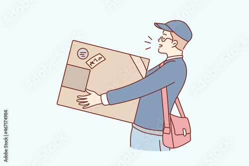 Parcel and post delivery concept. Young man in cap going holding huge box parcel delivering post feeling positive vector illustration