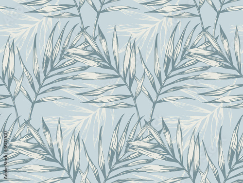 Seamless vector pattern with palm leaves in vintage blue color. Design for textile, wallpaper, wrapping, swimsuit, silk, satin fabric, neckerchief, sleepwear, bed linen.