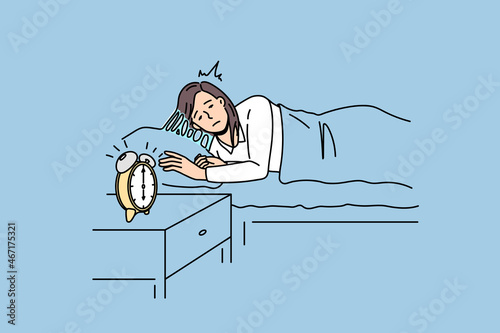 Feeling sleepy and alarm clock concept. Young sleepy woman staying in bed trying to wale up with alarm clock beats at six in morning vector illustration 
