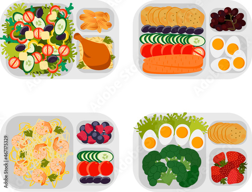 Set of lunchboxes with healthy food for a diet, for kids and students. Vector clipart isolated on white background.