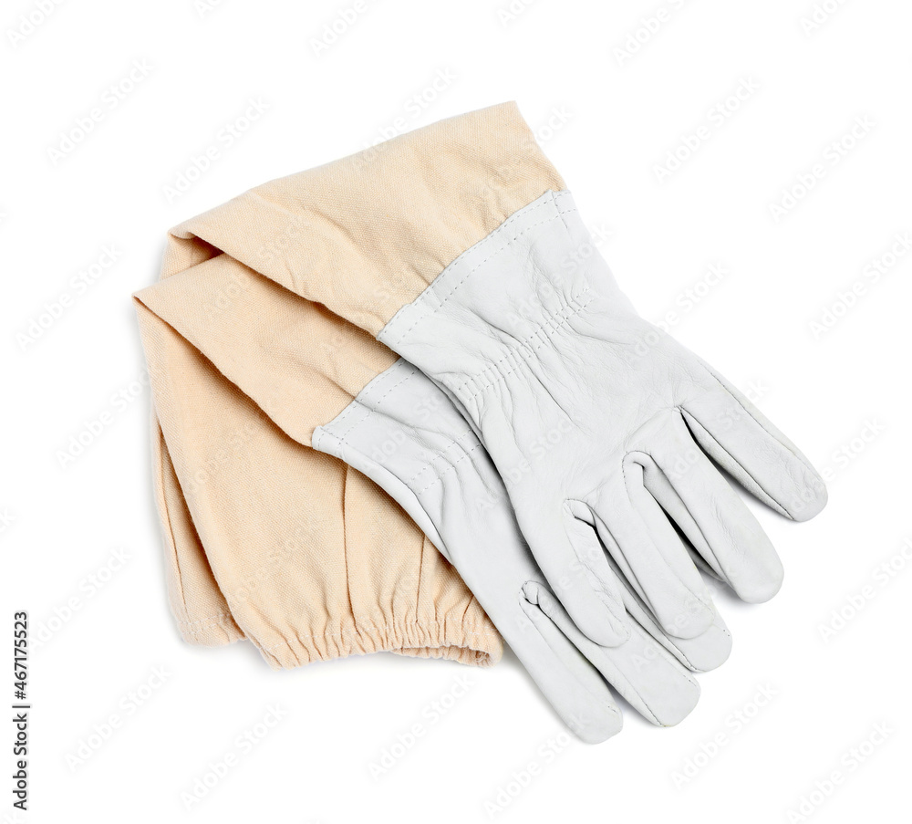 Protective gloves on white background, top view. Safety equipment