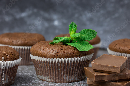 Fototapeta Naklejka Na Ścianę i Meble -  chocolate cupcake, muffin on a dark background with mint and pieces of milk chocolate