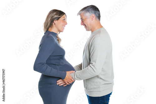 caucasian couple expecting baby smiling cheerful isolated studio on white background