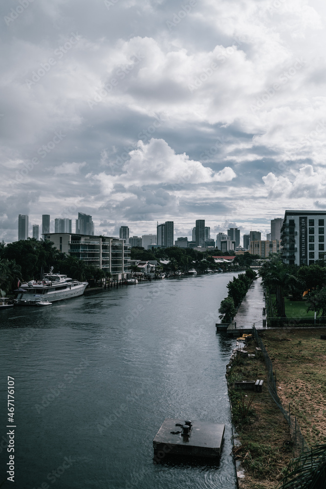 view of the city river miami trees boat buildings urban clouds sky 