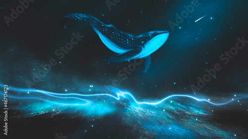 Abstract night fantasy landscape with an island, a whale in the sky, a dark fantasy scene, an unreal world, a fish, a whale, a sperm whale. Reflection of neon light, water, depths of the sea. 3D 