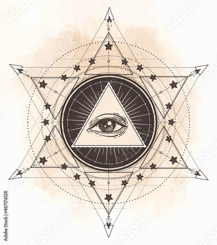 Tattoo flash. Eye of Providence. Masonic symbol. All seeing eye inside triangle pyramid. New World Order. Sacred geometry, religion, spirituality, occultism. Isolated vector illustration.