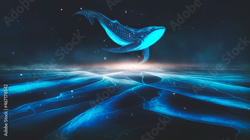 Abstract night fantasy landscape with an island, a whale in the sky, a dark fantasy scene, an unreal world, a fish, a whale, a sperm whale. Reflection of neon light, water, depths of the sea. 3D  photo