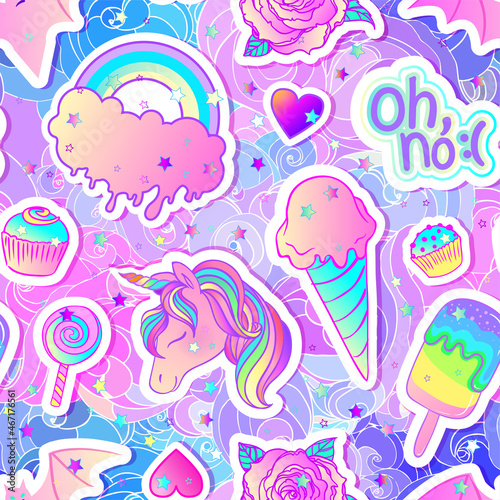 Colorful seamless pattern: unicorn, sweets, rainbow, ice cream, lollipop, cupcake, rose, bat. Vector illustration. Stickers, pins, patches. Kawaii pastel colors. Cute gothic style.
