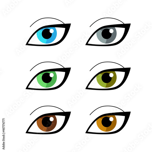 Set of woman eyes of different colors. Diversity of natural colors of human eyes. Vector illustration isolated on white.