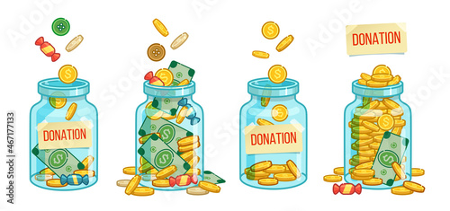 Donation Box accumulate Pennies Coins in jar savings money - concept vector illustration. Possible help. Full glass donation box with money isolated in white background