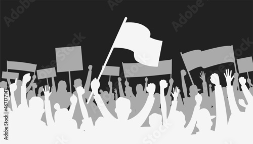 Politics Protest and revolution vector silhouette. Demonstration crowds people with raised hands and banners. Riot Mass protest crowd demonstrators with banners and flags. Black and white design