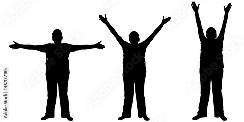 Female silhouette in pants, in a cap. Standing sports exercises. Hands are raised higher and higher. Three women in different positions with their hands up. Black silhouette isolated on white. Fitness