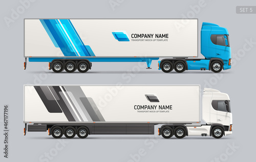 Realistic Trailer Truck side view Mockup set for brand identity design. Logistics Cargo Transport mock-ups layout for Branding and Corporate identity design