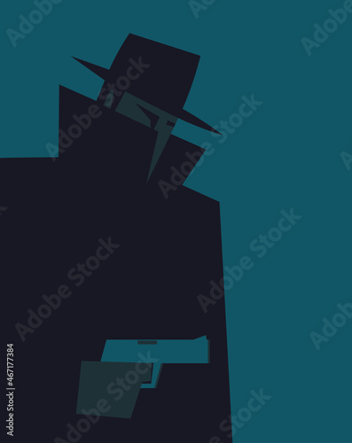 Silhouette of abstract man wearing fedora hat and raincoat with raised collar holding gun. Vintage style illustration.