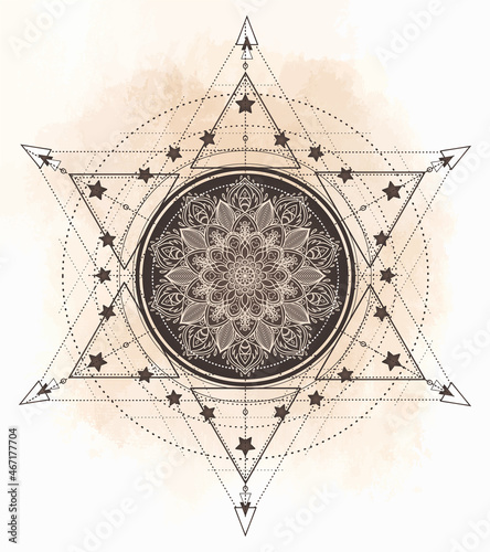 Lotus and Sacred Geometry. Ayurveda symbol of harmony and balance, and universe. Tattoo flesh design, yoga logo. Boho print, poster, t-shirt textile. Anti stress book. Isolated vector illustration.