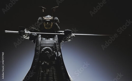 Foto 3D illustration of an upper body silhouette of a SAMURAI statue wearing Japanese armor and drawing a sword on a dark background
