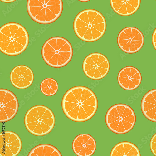 Oranges on green background seamless pattern, citrus repeat pattern