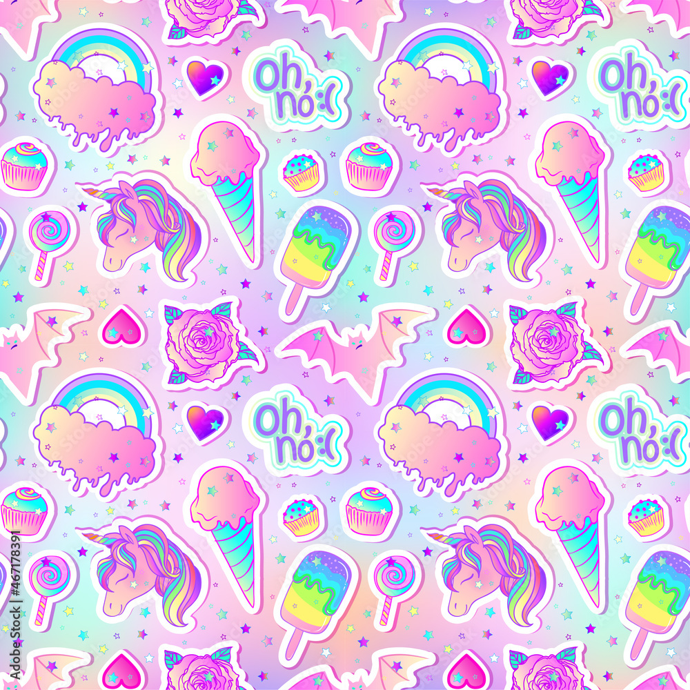 Colorful seamless pattern: unicorn, sweets, rainbow, ice cream, lollipop, cupcake, rose, bat. Vector illustration. Stickers, pins, patches. Kawaii pastel colors. Cute gothic style.