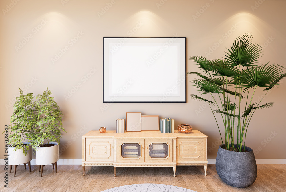 3D illustration Mockup photo frame in living room rendering 3D illustration Mockup photo frame in living room rendering