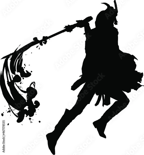 drawing of a vector black silhouette on a white background. a samurai with burning eyes in armor makes a swing with a katana. a magic flame burns on the tip of the sword and sparks fly. 2d art