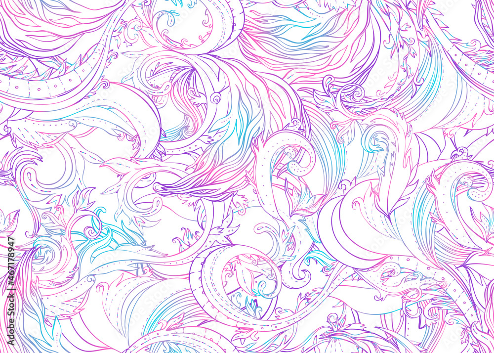 Fototapeta premium Beautiful ornate flower seamless pattern. Outline drawing, spring summer floral fashion print. Intricate leafy background. Decorative style retro ornate design with repetition. vector illustration