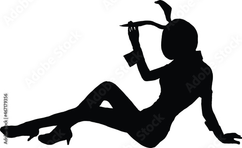drawing of a vector black silhouette on a white background. a beautiful girl with long disheveled hair and bunny ears is sitting in a cringing pose. she has a slim waist and a collared shirt.  2d art