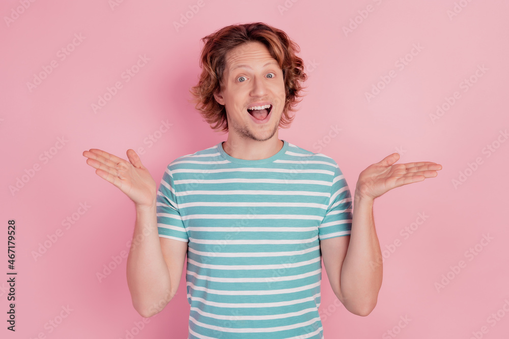 Excited amazed shocked positive man raise palms open mouth look camera Excited amazed shocked positive man raise palms open mouth look camera