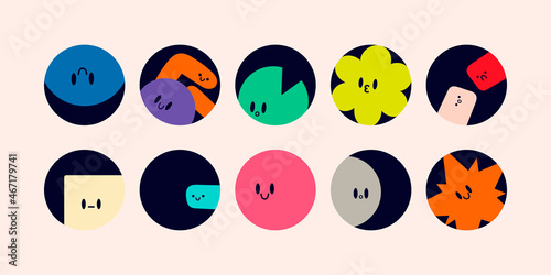 Round abstract Icons. Funny comic Faces with various Emotions in circles. Various abstract creatures. Different colorful characters. Cartoon style. Flat design. Hand drawn modern Vector illustration