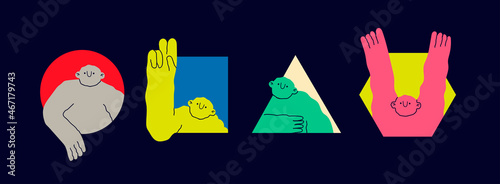 Funny characters peeping from the geometric shapes. Cute creature with small head and long arms looking through holes. Cartoon style. Hand drawn trendy Vector illustration. All elements are isolated