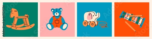 Various Toys for kids. Wooden rocking horse, teddy bear, elephant on wheels, xylophone. Childhood, children games, preschool activities concept. Isolated icons. Logo templates. Hand drawn Vector set