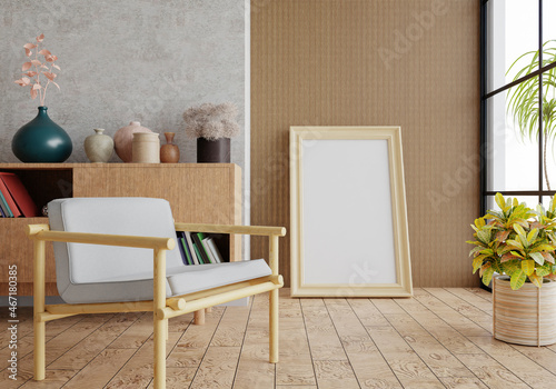 3D mockup photo frame with houseplant in living room rendering © Johnstocker