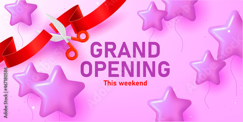 Purple poster for grand oppenting event with scissors cutting a red silk ribbon and balloons in shape of stars. 3d render illustration