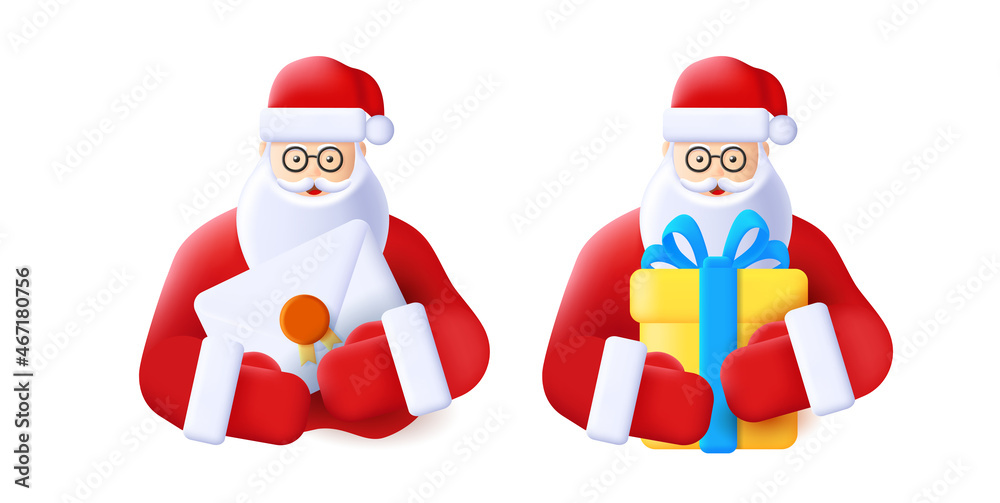 3d illustration of Santa Claus holding gift box and letter, isolated icons