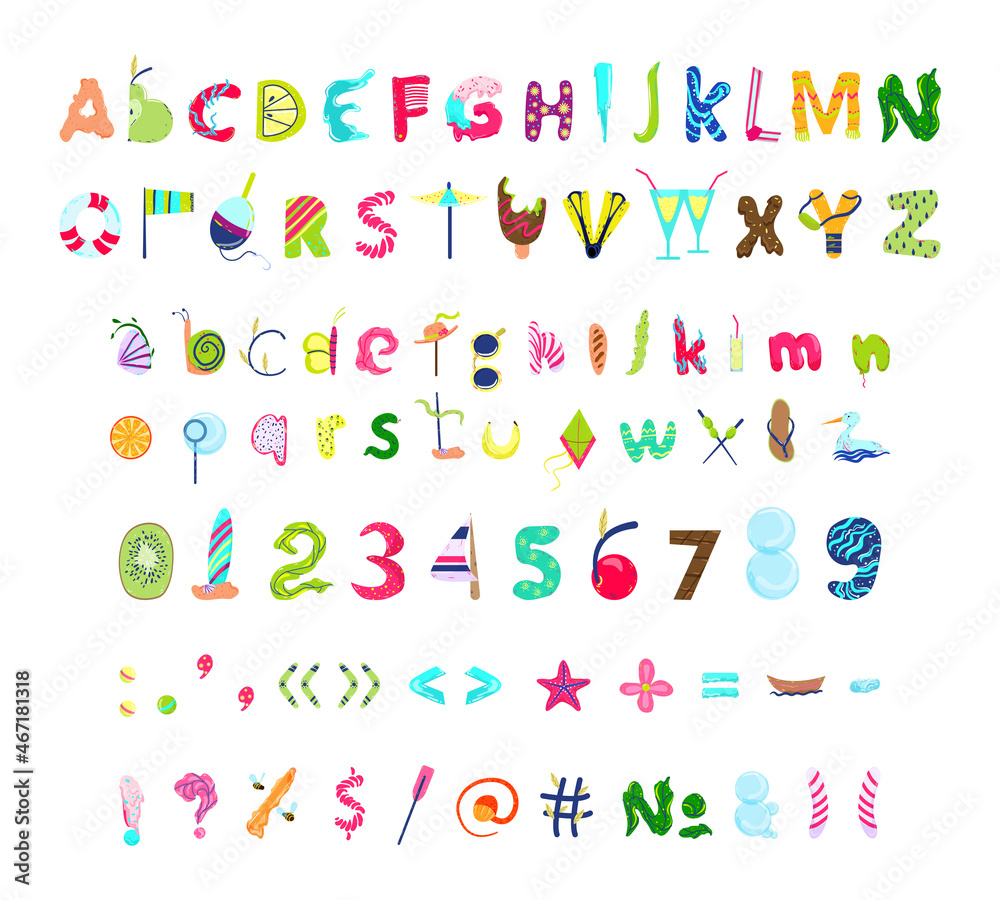 Vector collection of letters, numbers and punctuation marks from the association of the summer objects.