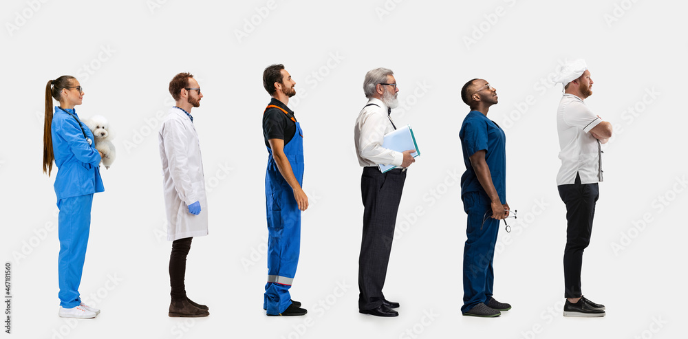 Fototapeta premium Group of gender mixed people with different professions, jobs standing isolated on white studio background. Horizontal flyer, collage. Side view