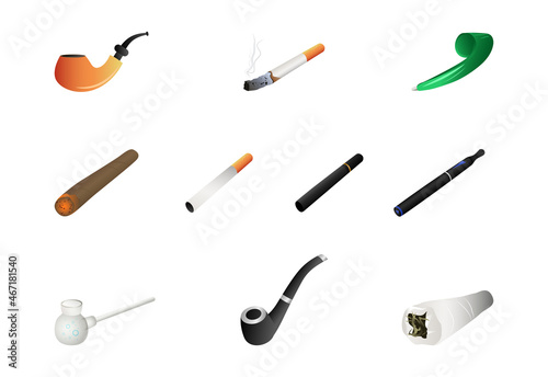 Set of tobacco pipes and cigarettes. Funny masks for web applications.