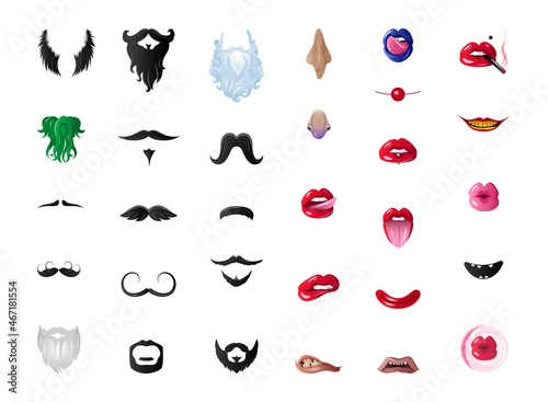 Collection of beards, female seductive lips, mouths. Colorful funny masks for web applications.