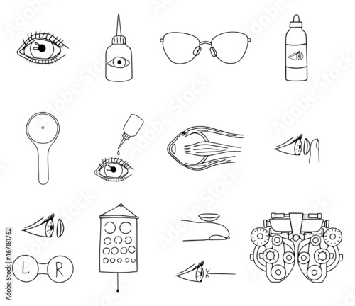 Set optometry elements isolated on white background. Collection medical equipment phoropter, eyeglasses, laser eye, eyes, lenses, container, drops.