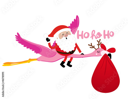 Merry Christmas and Happy New Year - Flying Santa with flamingo. Hand drawn lettering for Xmas greetings cards, invitations. Good for t-shirt, mug, scrap booking, gift, printing press. Holiday quotes.