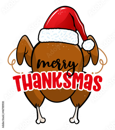 Merry Thanksmas (Merry Christmas and Happy Thanksgiving 2 in one) Autumn color poster with cute roasted Turkey cartoon. Good for posters, greeting cards, banners, textiles, gifts, shirts, mugs.