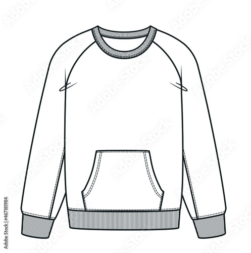 Raglan Sweatshirt Long sleeve, overall technical fashion flat sketch vector template isolated on white background. Men's clothing unisex top cad Mock up. crewneck sweatshirt
