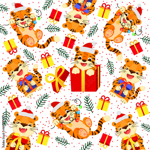 Christmas pattern with funny tiger and gifts