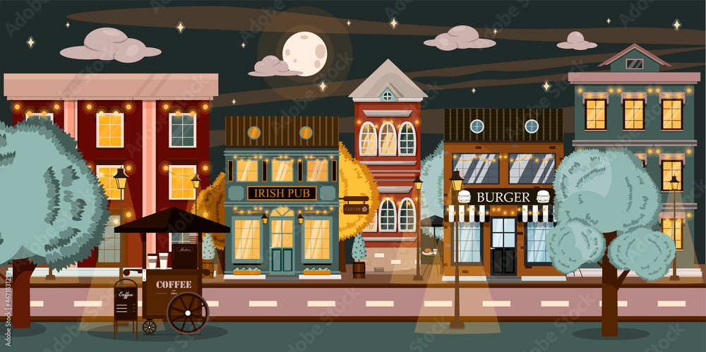 Vector night street with restaurant, bar shop, houses and a food cart.  Cartoon illustration with holiday, party and park The background is in a  flat style. European city in summer Stock Vector |