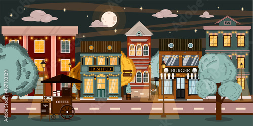 Vector night street with restaurant, bar shop, houses and a food cart. Cartoon illustration with holiday, party and park The background is in a flat style. European city in summer