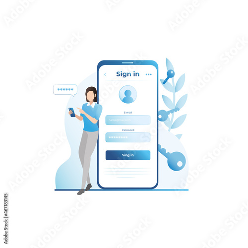 Woman enters personal information, login, password, code, access key, email to enter website in smartphone. Registration, authorization, authentication on web page. Data protection on Internet.