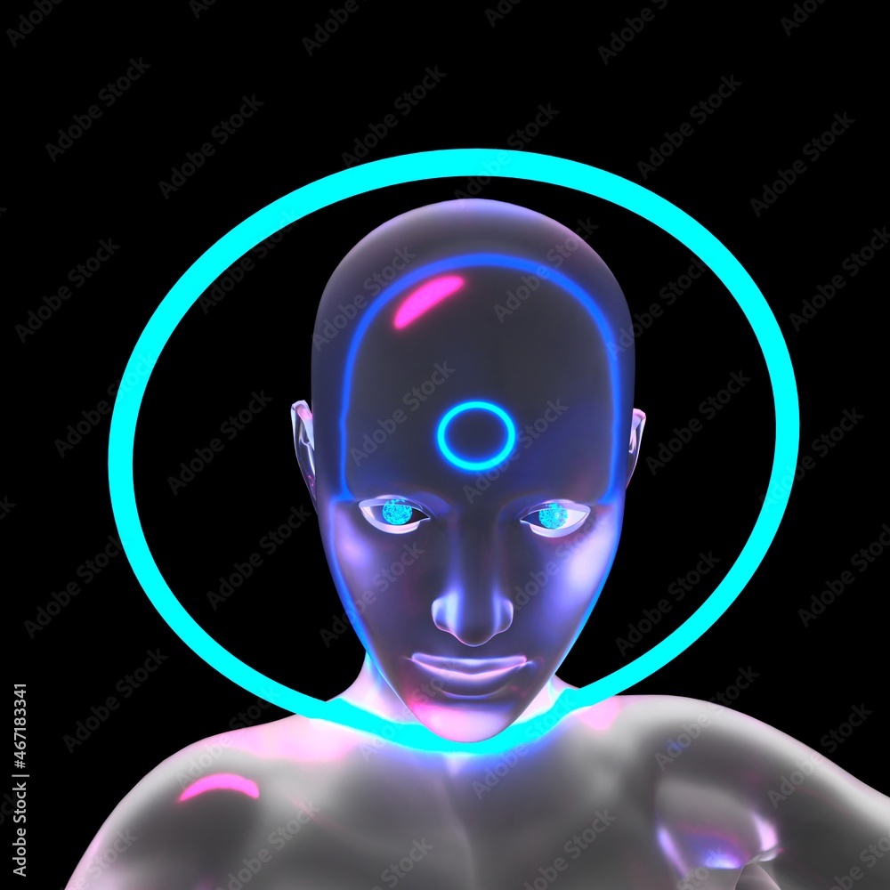 3D illustration of an futuristic-looking bald woman with a neon circle in the forehead. Concept of the Artificial intelligence and robot. 3D illustration of an futuristic-looking bald woman with a neon circle in the forehead. Concept of the Artificial intelligence and robot.